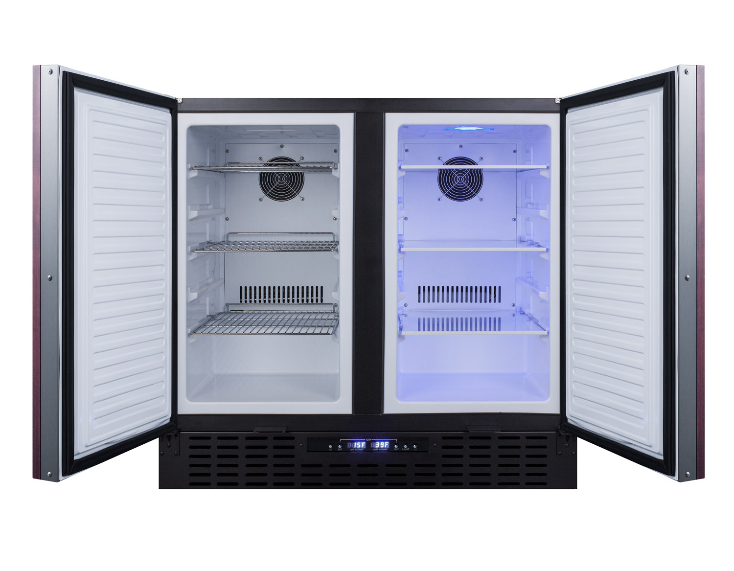 Commercially approved, frost-free, side-by-side refrigerator-freezer for built-in or freestanding use with two panel-ready doors, black cabinet, front-placed digital controls